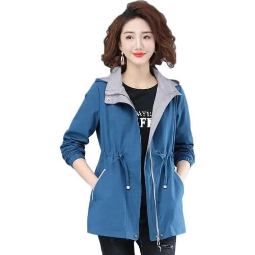 Womens Windbreaker 2021 Spring Autumn Casual Cotton Jacket Middle Aged Mother Hooded Drawstring Coat Female Zipper Outwear Q20