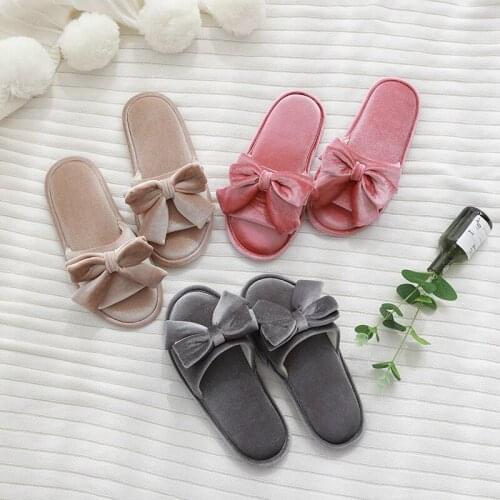 Fashion Bowknot South Korean Velvet Fabric Advanced Sense Indoor Home Luxury Womens Open Toe Bedroom Slippers