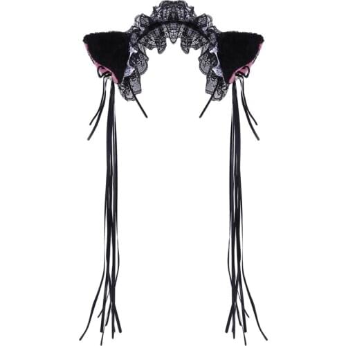 New Gothic Lolita Women Girl Ruffles Lace Headband Plush Cat Ears Ribbon Bell Lolita Cosplay Hair Hoop Cosplay Headwear