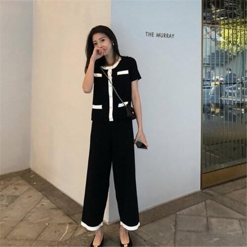 Korean Office Lady Two Piece Set Women Korean Short Sleeve Colorblock Pearls Knitted Tops +Wide Leg Pants Set Summer Suit B068