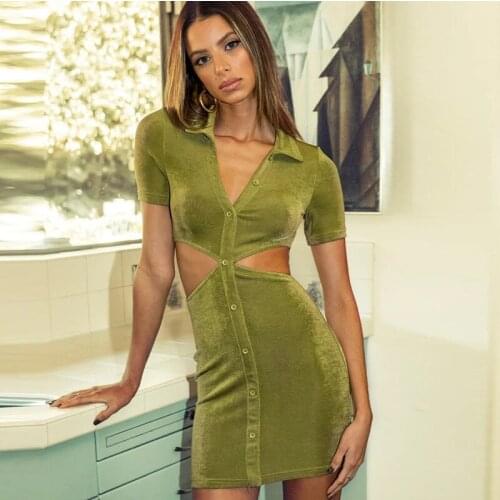 SUJYing Autumn New Fashion Sexy V-Neck Close-fitting Lapel Button Hollow Hip Wrap Dress