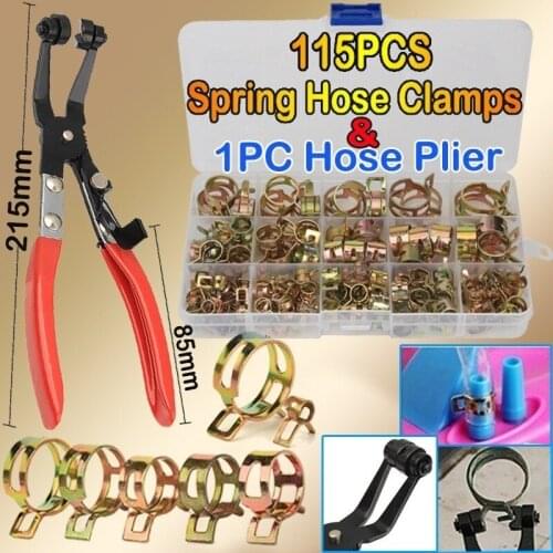 115 PCS Zinc Plated Spring Hose Clamps/1PC Curved Throat Hoop Clamp Pliers for Band Clamp Metal Fastener Assortment Kit