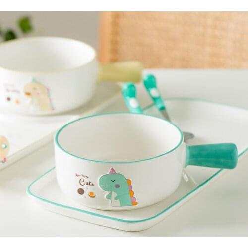 Childrens Green Powder Blue Yellow Cute Breakfast Cup Bowl Small Dinosaur Household Tableware Eating Plate Set Oatmeal Bowl