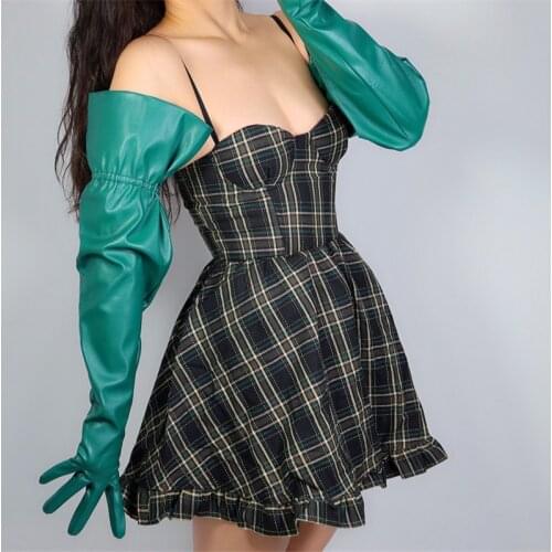2020 New TECH LONG GLOVES Unisex Dark Green Faux Leather 70cm Wide Puff Sleeves Elastic Band Male Female Leather Gloves PU182
