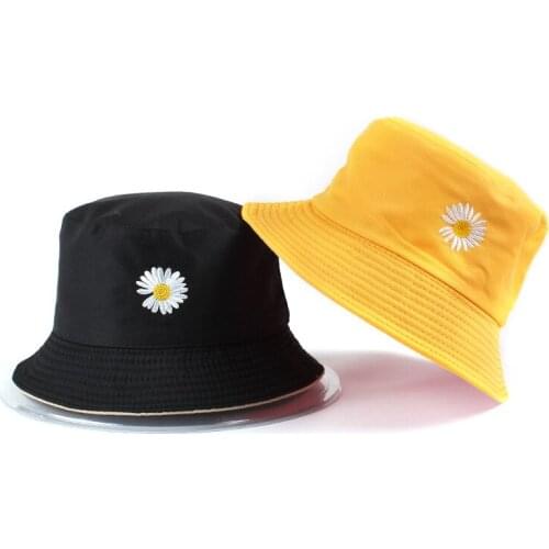 2021Double side Unisex Harajuku Bucket Hat Fishing Outdoor Cap Women Bucket Fishing Hat Sunscreen Daisy Embroidery Fisherman Hat