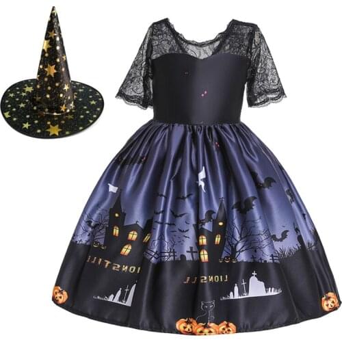 Cosplay Christmas Princess Children Party Summer Dress with Hat Halloween Vampire Costume Pumpkin Witch Vestidos Girls Clothes