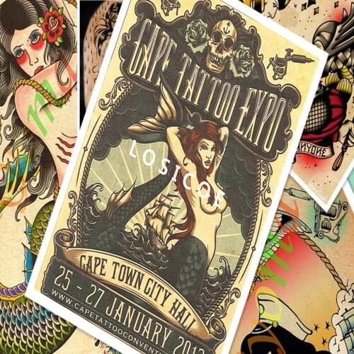 Creative Tattoos Pattern Manuscript Vintage Kraft Paper Poster Wall Stickers Painting Body Art Tattoo Barber Shop Decoration F