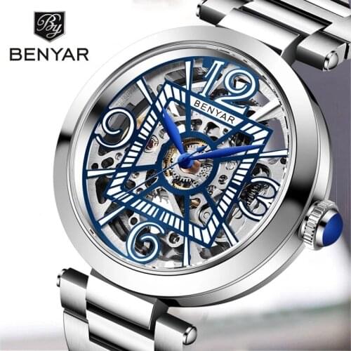 2021 New BENYAR Mens Watch Top Brand Business Automatic Mechanical Wristwatch Stainless Steel Hollow Dial Simple Fashion Design