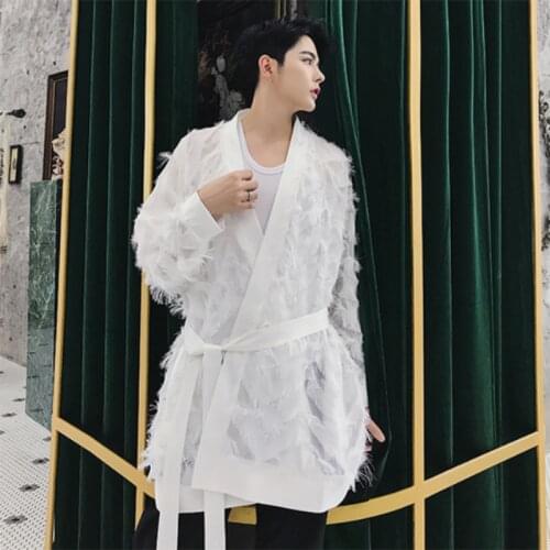 Mens new vintage fashion cardigan belt coat couples with a fashion casual large size street clothing men windbreaker coat