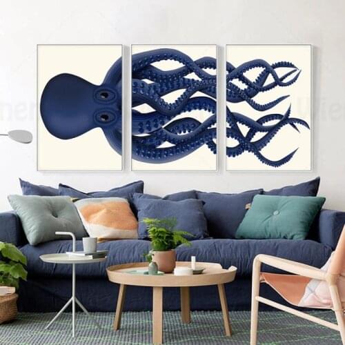 3Pcs Wall Art Decor Poster Blue Octopus Canvas Painting Modern Minimalist Home Decoration for Living Room Bedroom Hanging Mural