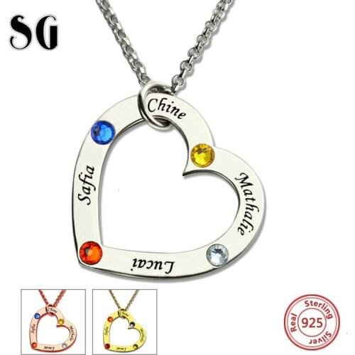 New Arrival Birthstone Heart Necklace Custom Engraved Name Jewelry 925 Sterling Silver Family Necklace & Pendant for Lover Gift
