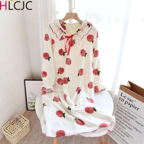 Autumn Winter Fresh Peach Flannel Sleepwear Women Cozy Lounge Wear Wam Soft Night Dress Female Long Sleeping Nightgowns Robe