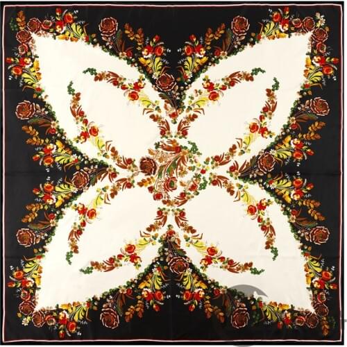 POBING 100% Silk Scarf Women Large Shawls Bohemia Floral Print Stoles Square Bandana Spain Kerchief Scarf Female Foulards 130CM