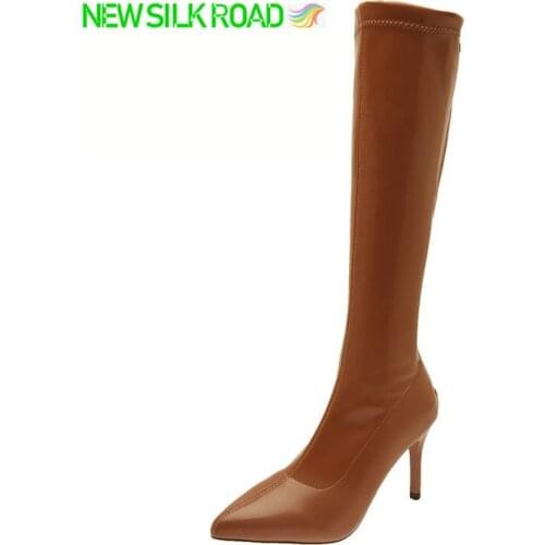 2021 New Arrivals Sexy Women High Knee Boots Fashion Booties Slim Shoes PU Faux leather High Heels Zip Female Ladies Long Boots