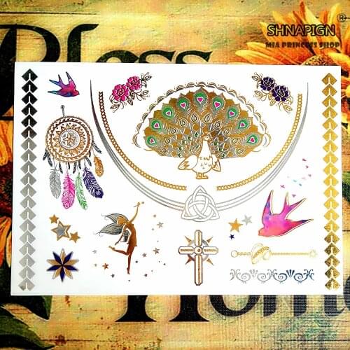 SHNAPIGN 24 style Temporary Tattoo Body Art, Large golden peacock Designs, Flash Tattoo Sticker Keep 3-5 days Waterproof 21*15cm