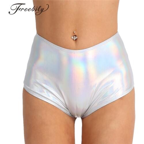 Women Shiny Sexy Shorts Metallic Pole Dance Club Shorts Zipper High Waist Rave Booty Shorts High Waisted Bottoms Lady Shorts
