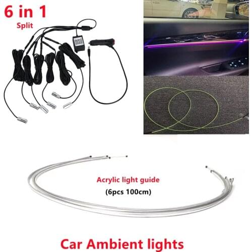6 in 1 Split RGB LED Car Atmosphere Interior Ambient Light Acrylic Fiber Optic Strip Light by App Control DIY Music control