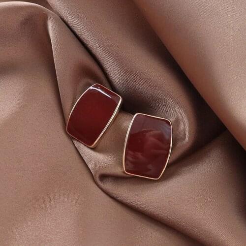 Vintage Korean Fashion Temperament Enamel Wine Red Geometry Stud Earrings Metallic Paint Square Candy Earrings Womens Jewelry