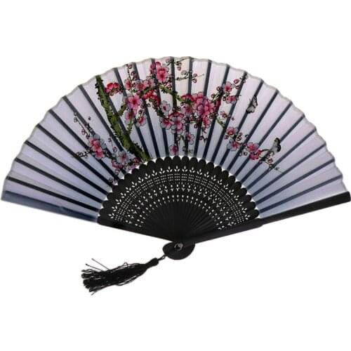 Japanese Chinese Retro Folding Silk Fan Peach Blossom Bamboo Hand Held Fan Wedding Party Dance Decor Gifts