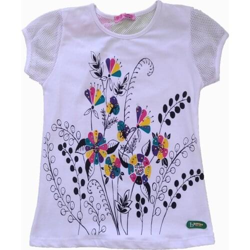 ÇKT-FÇ Female Child White Digital Flower Printed Meshed Short-Sleeve Combed Cotton T-Shirt 430421926
