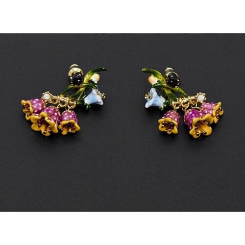 Female Summer Fresh Fashion Versailles Rose Earrings Enamel Glaze Purple Lily of The Valley Butterfly Bell Earrings Ear Clips