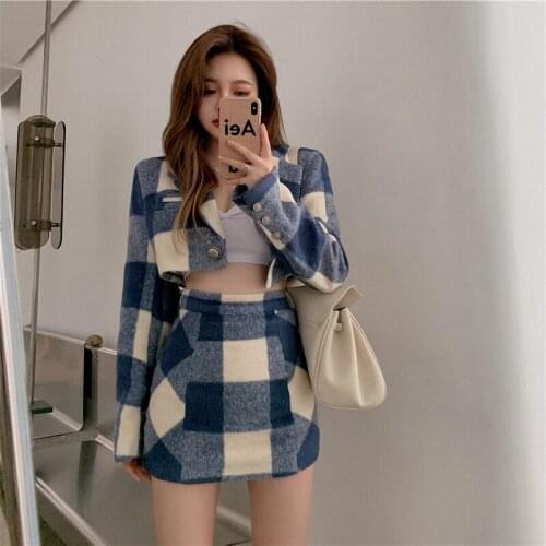 Woollen Cloth Short Plaid Blazers Skirt Suits Blue White Single Button Long Sleeve Casual Short Blazer Women Sexy Mini Skirt New