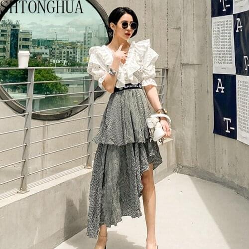 High Quality 2020 Summer Sexy 2 Piece Set Women V-neck Lace Puff Sleeve Ruffles Shirt + Vintage Plaid Irregular Skirts Suit