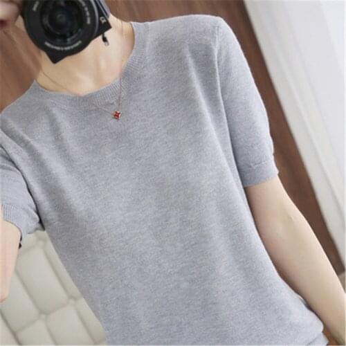 Korean New 2021 Womens Cashmere O-Neck Solid color Short Sleeve Knitted Pullover Wool Cashmere Sweater Women Jumper Tops