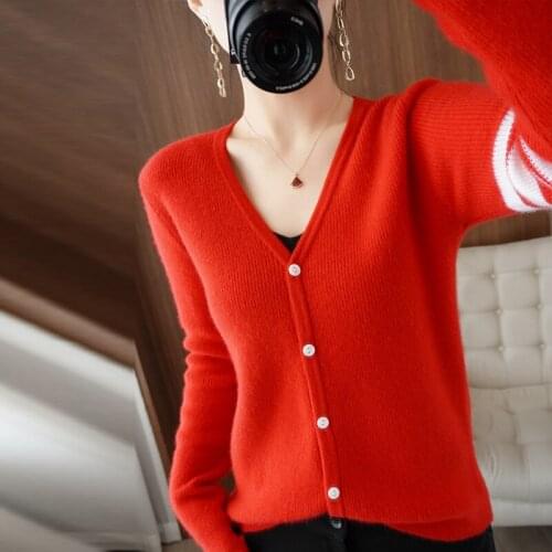 2021 Spring Autumn Pure Wool Cardigan Womens V-Neck Color Matching Small Fragrance Foreign Style Sweater Knitted Jacket Top,XXL