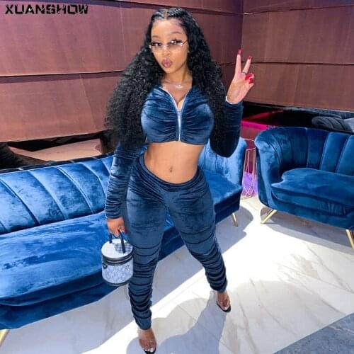 XUANSHOW Tracksuit Women 2020 Autumn Winter New Fashion Casual Pleated Zipper Long-sleeved Hooded Cropped Top+Pants Suit Jogging