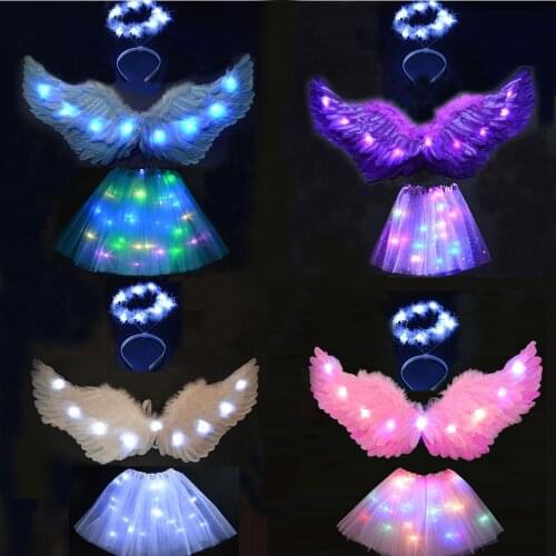 Adult Kids Led Glow Wreath Flower Feather Angel Wing Light Tutu Party Skirt Halo Ring Ball Costume Cosplay birthday