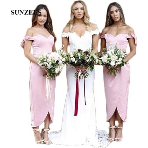 Ankle Length Satin Bridesmaid Dresses Sweetheart Off the Shoulder Bow Charming Wedding Party Dress Front Slit Prom Gowns SBD50