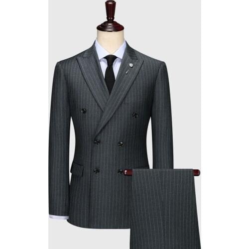 100% wool double breasted grey striped casual mens suits with pants wedding suits for men groom wear slim fit plus size 58