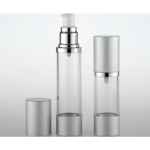 100pcs/lot 15ml 30ml 50ml High Quality Silver Vacumm Pump Bottles Portable Pump Dispenser Refillable Airless Bottle SN519