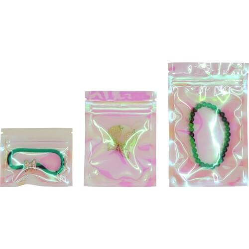 Many Sizes Iridescent Laser Flat Zip lock Cosmetic Package Bag Jewelry Clear Pink Holographic Zip Lock Plastic Bags Pouch 100pcs