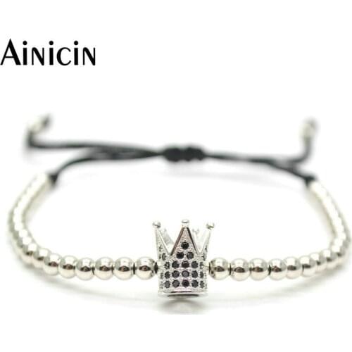 5pcs New Design Women Jewelry Black Rhinestone Setting 3D Crown Charm 4mm Silver Plated Copper Beads Hand-knitted Bracelet