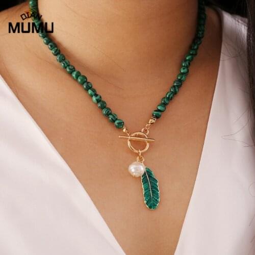 Boho 2Pieces Jewellery SetGreen Malachite Bracelet Necklace Jewelry Sets for Women Leaf Gold Color Link Chain Clasp Ethnic Gift