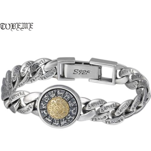 Real 925 Silver Bracelet Tibetan Six Words Proverb Bracelet Vintage Buddhist Nine Direction Eight Symbols Man Bracelet