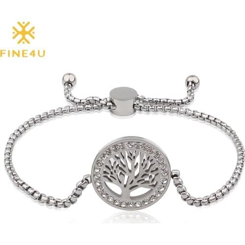 FINE4U B278 Stainless Steel Tree Of Life Bracelet Adjustable Slide Healing Bracelet CZ Charms Jewelry For Family Lover Friends