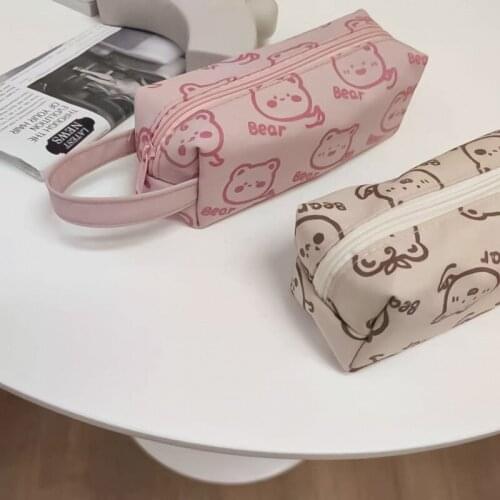 Cartoon Strawberry Bear Pencil Case Student Stationery Bag Portable Multifunctional Storage Bag Cosmetic Bag Coin Purse Pochette