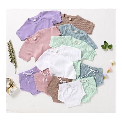 2020 Children Summer Clothing 1-5T Infant Kids Baby Girls Boys Ribbed Cotton 2PCs Set Outfits Short Sleeve Tops Shirt PP Bottoms