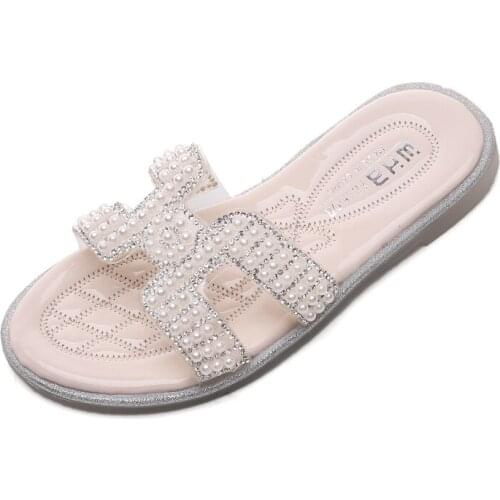 Kids Slippers for Girls Summer Shoes Home Outdoor Pearls Crystal Sandals Slippers 2020 Fashion "H" Children Girl Slides Beige