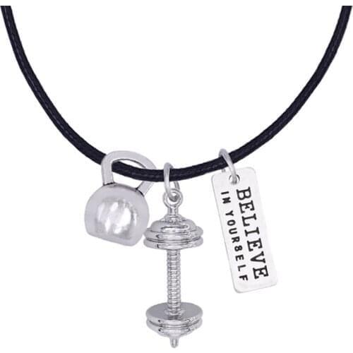DOUBLE NOSE Weight Lifting Barbells Dumbbells Train Hard Or Go Home Fitness Pendants Leather Chain Necklaces Inspire Jewelry