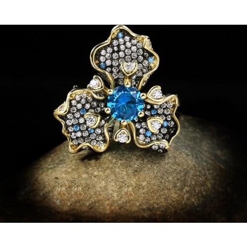 Elegant Temperament Three Petal Flower Ring Blue Zircon Luxury Jewelry Ladies Ring 925 Silver Black Gold Jewelry Women Rings