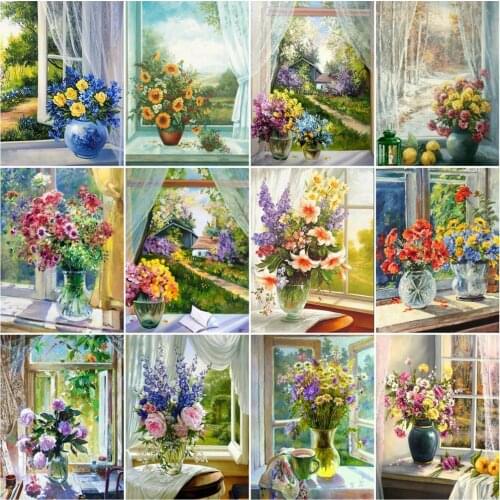 HUACAN Picture By Number Flower In Vase Acrylic Drawing On Canvas Painting By Numbers Window Unique Gift Home Decoration