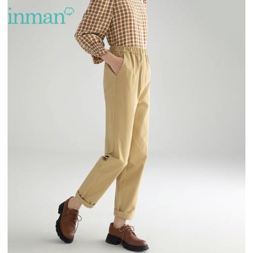 INMAN Autumn Womens Casual Pants Khaki Retro Art Style Elastic Waist Design Minimalist Straight Cotton Cropped Trousers