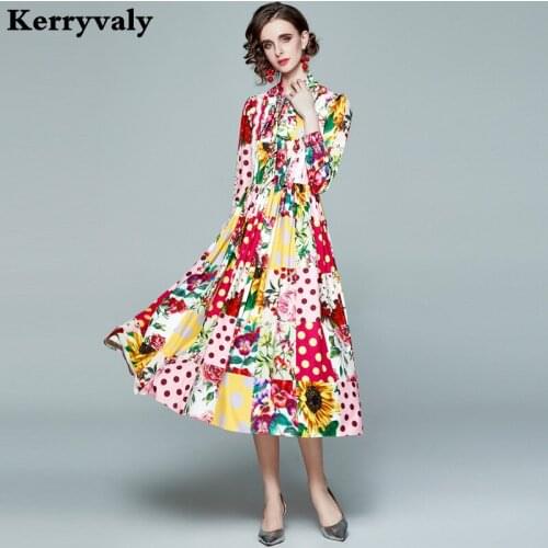 Foreign Style Holiday Big Swing Long Sleeve Retro Dress Woemen Yellow Floral Print Vintage Gothic Midi Beach Dress K7006