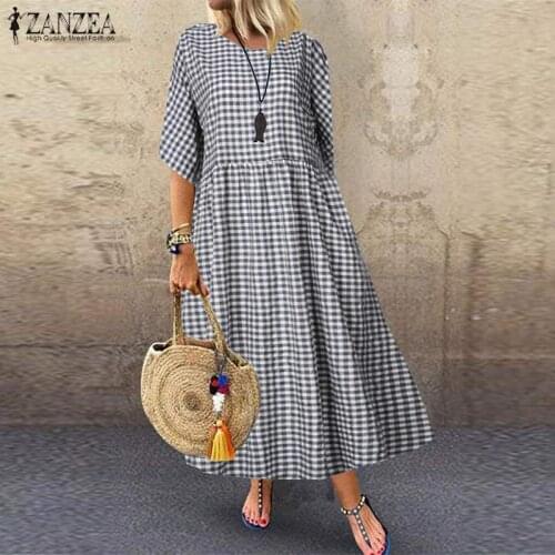 2021 ZANZEA Bohemian Check Maxi Dress Womens Sundress Casual Half Sleeve Tunic Vestidos Female Plaid Shirt Robe