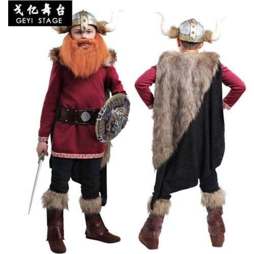 New kid boys Halloween Party Burgundy pirate Snowfield Hunter Costumes Outfit Fancy Viking Warrior Cosplay Fantasy clothing