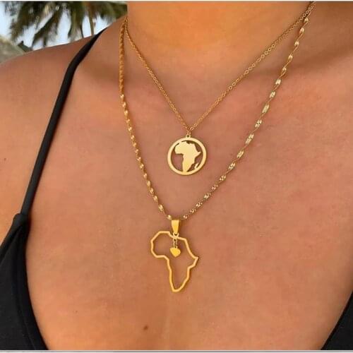 Africa Chain Necklaces For Women Africa Map Necklace Charm Choker Collier Stainless Steel Heart Necklace Gold Female Jewelry